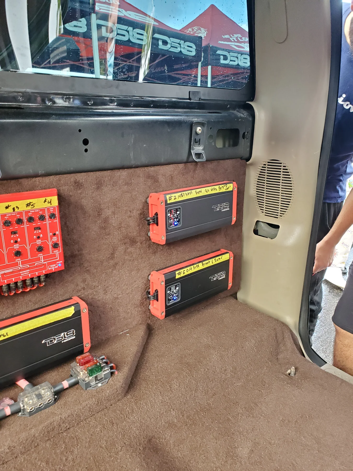 Audio control modules mounted inside a custom vehicle interior